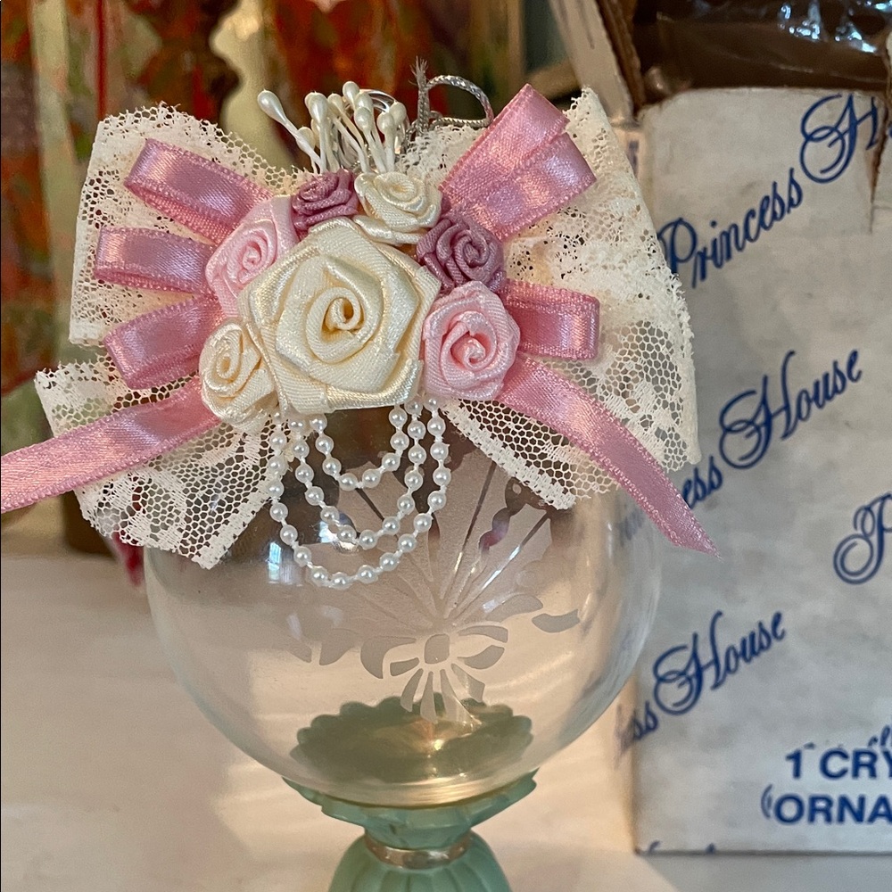 Princess House Handblown Crystal Ball Ornament Large Clear Frosted Bouquet